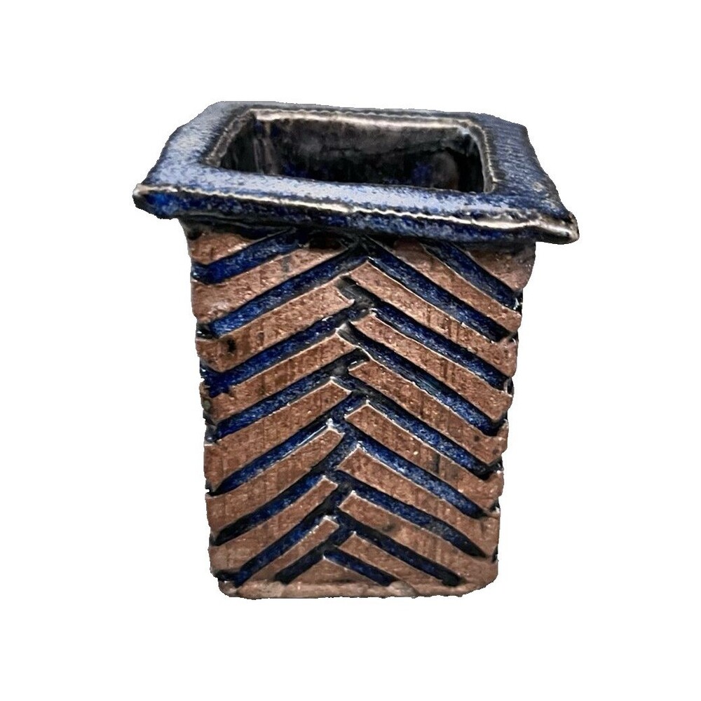 Handmade Pottery Vase Pen Holder 3" Tall Rectangular Abstract Rustic Blue Brown